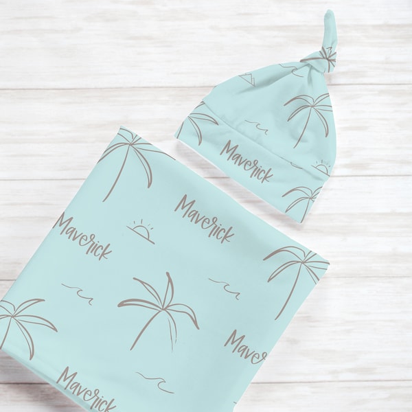 Tropical Palm Tree Swaddle Blanket Hat Set, Personalized Baby Shower Gift, Hospital Newborn Photos Prop, Palmtree Beach Ocean Nautical