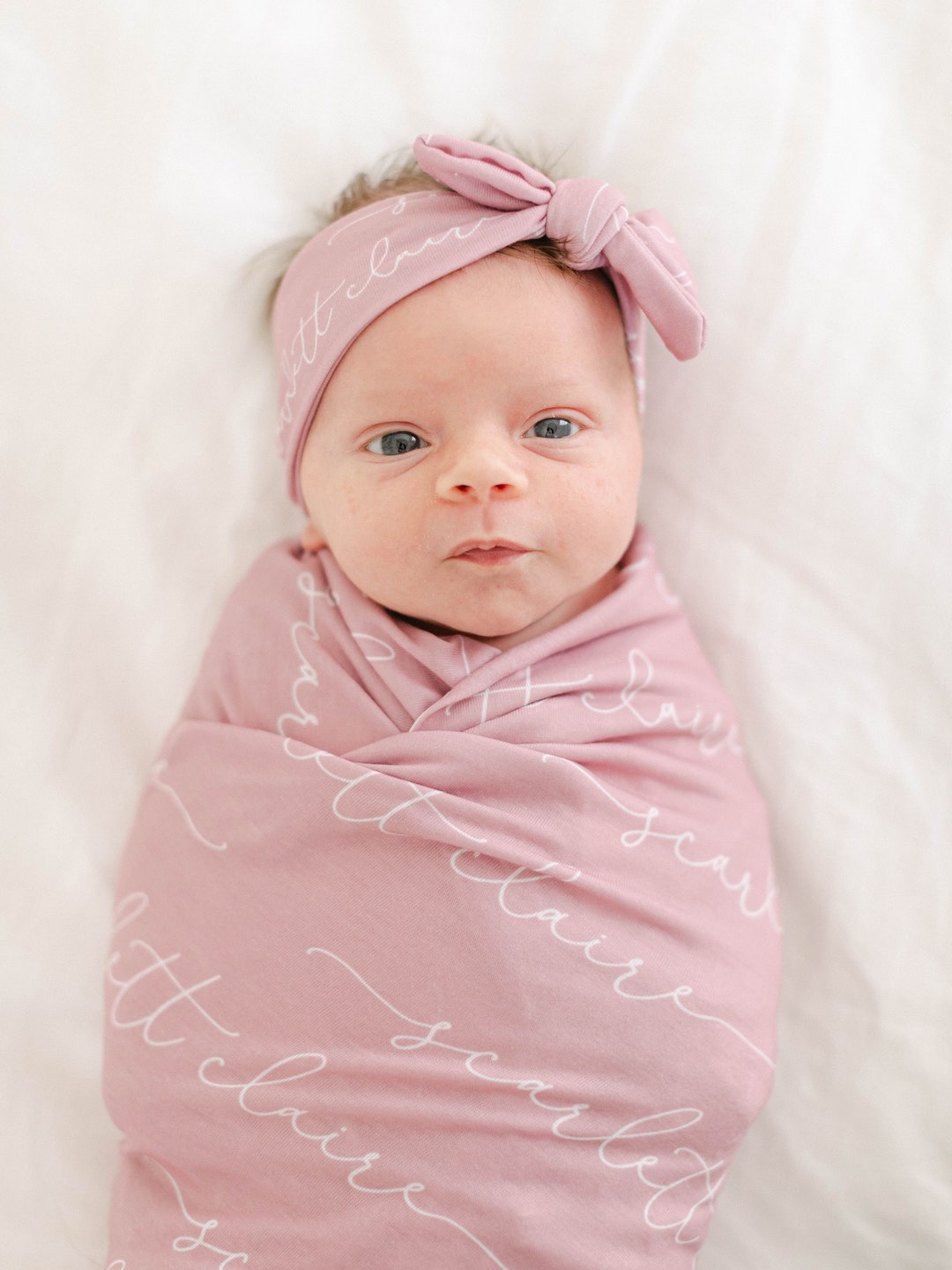 Personalized Baby Swaddle Blanket Set, Newborn Bow Headband, Girl Shower Gift, New Mom Pregnant