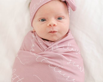 Personalized Baby Swaddle Blanket Set, Newborn Bow Headband, Girl Shower Gift, New Mom Pregnant Expecting Present, Custom Name with Swooshes