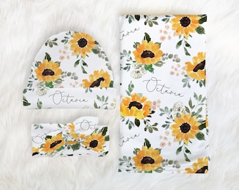 Fall Sunflower Floral Sunflower Autumn Swaddle Blanket Headband Hat Set / Personalized Baby Shower Gift / Hospital Newborn Photos Prop