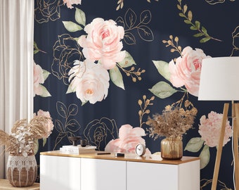 Navy and Pink Floral Rose Wallpaper, Peel and Stick Removable, Traditional, Prepasted, Large Mural, Entryway, Nursery, Bedroom, Wall Decor