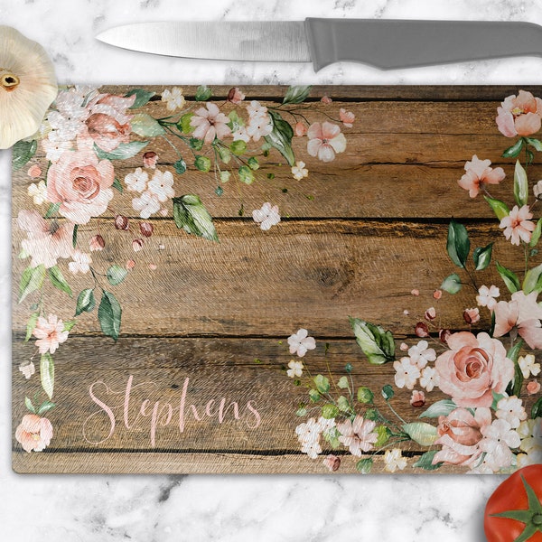 Personalized Pink Rose Wood Glass Cutting Board / Floral Kitchen Decor / Wedding New Home Birthday Christmas Gift / Home Kitchen Collection