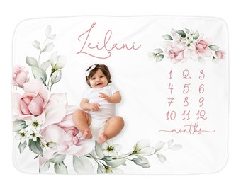 Pastel Pink Rose Milestone Blanket/Monogram Custom Photo Baby Blanket/Growth Chart/Month Growth Tracker/Pink Floral Leaf Girly Flower Custom