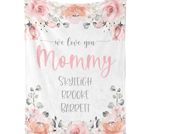 Personalized Mommy Blanket / Pink Peach Roses / Kids Names / Mom Mother Blanket / Grandma Gift / Gift From Kids / Mothers Day Gift