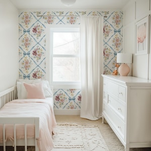 Baby Blue Pink Vintage Bows X Diamond Floral Pattern Wallpaper, Peel Stick Removable, Coquette Grandmillennial Chic Elegant Classic Toile