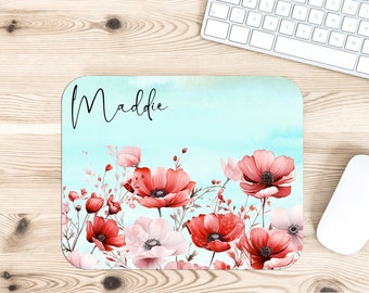 Personalized Poppies Desk Accessories, Mouse Pad, Desk Mat, Wrist Rest, Phone Stand, Coaster, Girl Woman Floral Name Christmas Birthday Gift