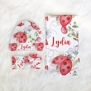 Personalized Baby Girl Crib Bedding Set With Name - 2 Piece Ladybug Nursery Set With Comforter & Fitted Sheet