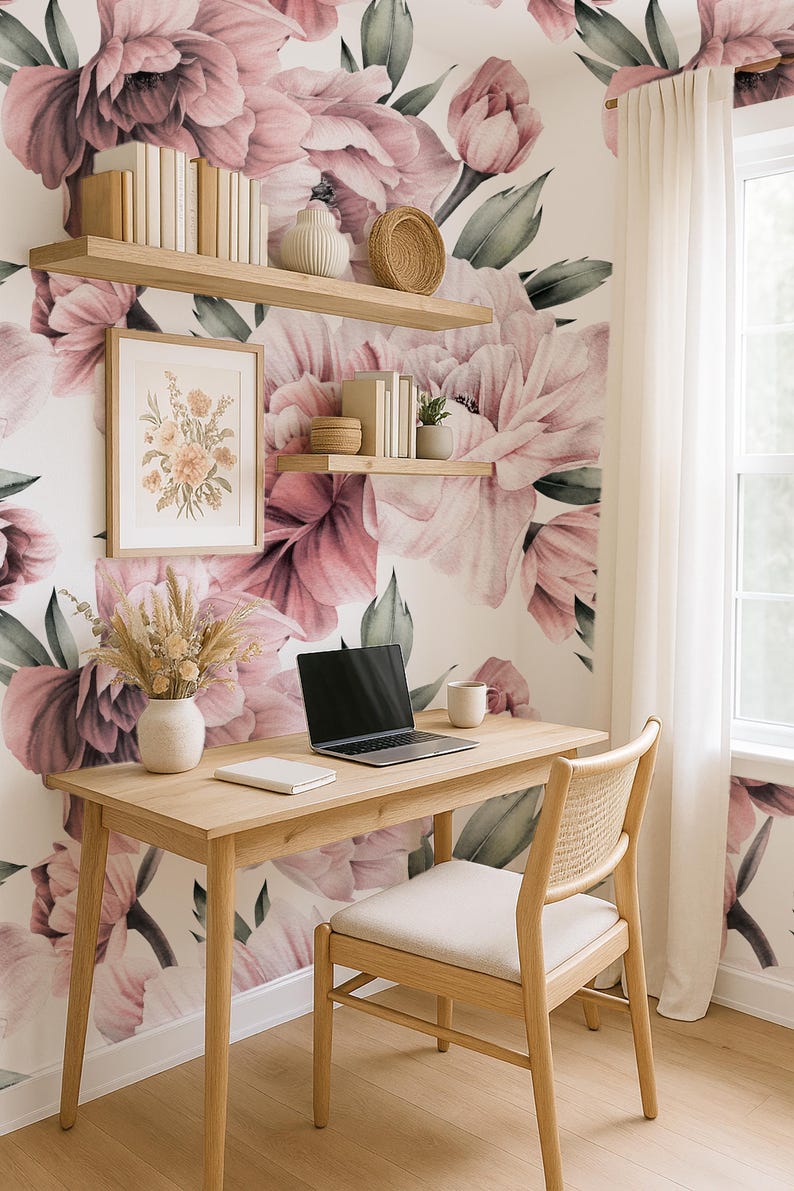 May include: A home office setup featuring a wooden desk, chair, and shelves. A laptop, notebook, and mug are on the desk. The wall is adorned with a floral mural of pink and purple blooms. A framed floral print and vase with dried flowers are also visible.