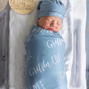 Two Fonts Personalized Baby Swaddle Blanket Set, Newborn Beanie Knotted Hat, Baby Shower Gift, Custom Print Name 2 Different Fonts