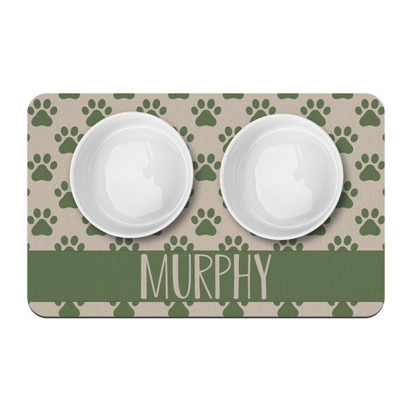 Paw Prints Personalized Pet Bowl Mat / Sage Green Tan / Custom Pet Placemat / Puppy Supplies / Water Bowl Mat / Pet Mat