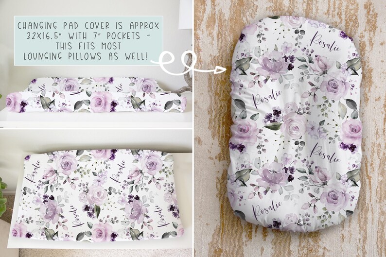 May include: A white changing pad cover featuring a floral pattern of purple roses, dark purple accents, and green leaves. The fabric includes the name Rosalie in script. Text states: CHANGING PAD COVER IS APPROX 32x16.5" WITH 7" POCKETS.