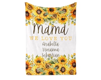 Personalized Sunflower Mama Blanket, Kids Names, Mom Mommy Mother Grandma Nana Gift, From Kids, Grandparents Mothers Day Birthday