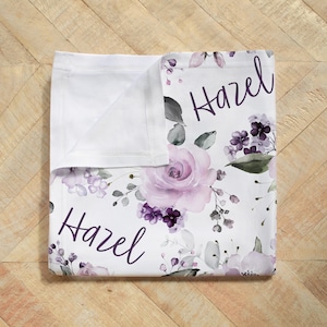 Dusty Purple Rose Baby Gift Set, New Baby Lilac Lavender Nursery Set, Headband Hat Crib Sheet Minky Blanket, Baby Girl Personalized Swaddle image 5