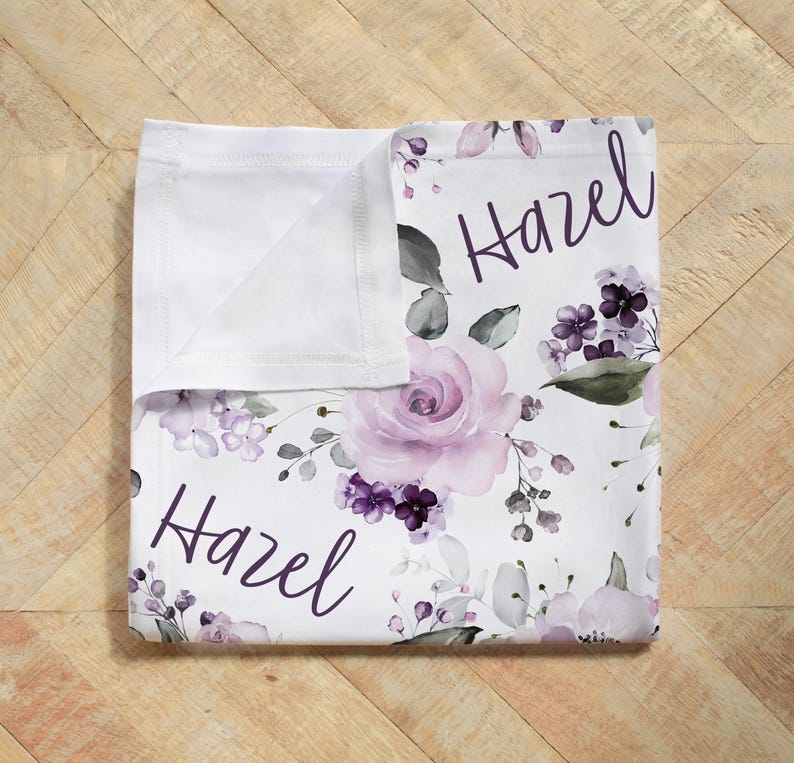 Dusty Purple Rose Baby Gift Set, New Baby Lilac Lavender Nursery Set, Headband Hat Crib Sheet Minky Blanket, Baby Girl Personalized Swaddle image 5