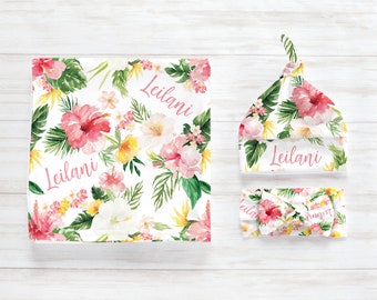 Personalized Baby Girl Swaddle Blanket, Hat, Headband, Tropical Pink Hibiscus Luau Flowers, Newborn Infant Name Shower Gift, Leilani