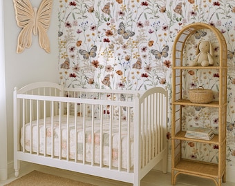 Butterfly Wildflower Peel and Stick Wallpaper, Vintage Cottagecore Removable Mural for Nursery, Girls Room, Nature Inspired Decor