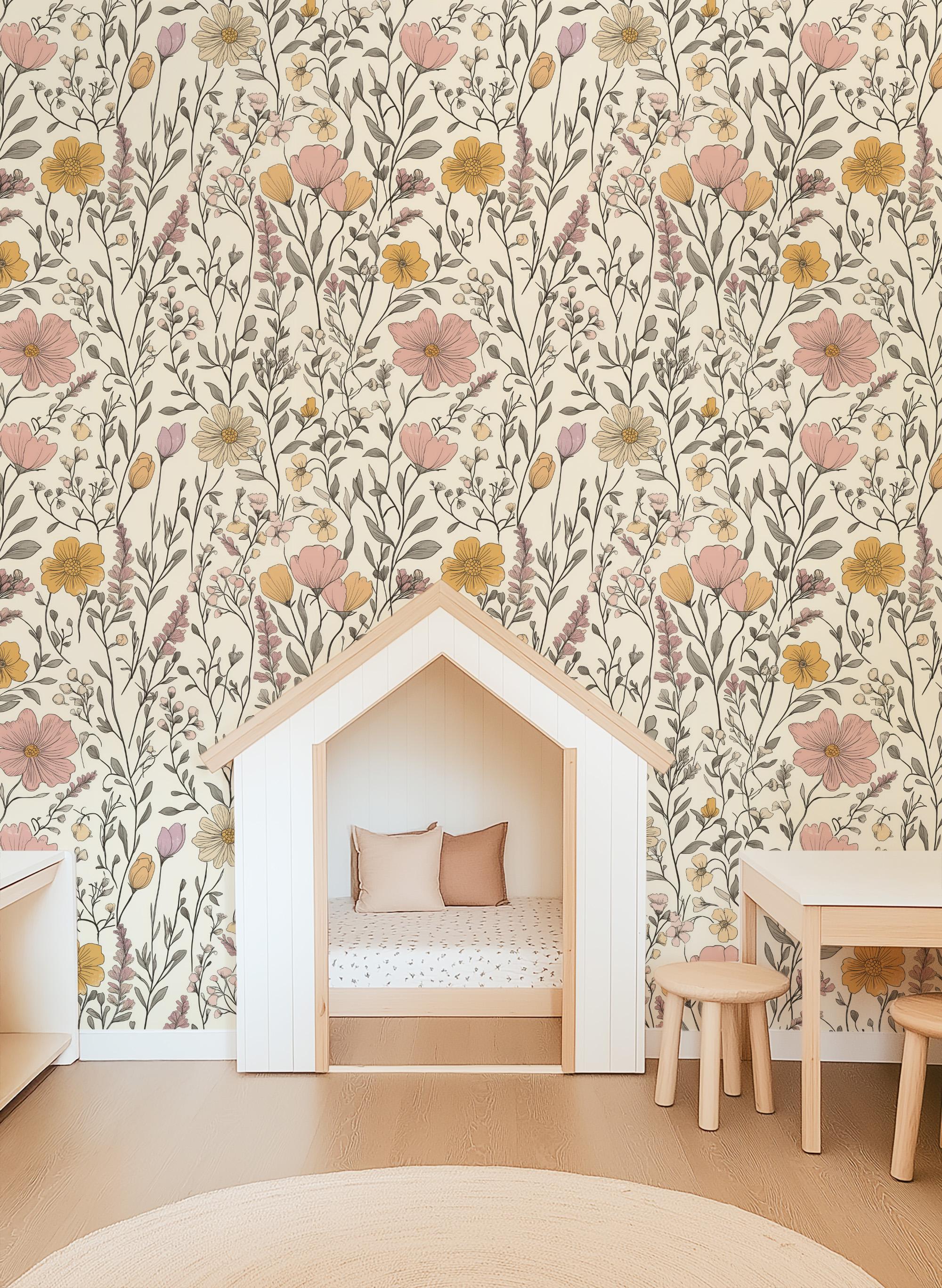 Romantic Pink Wildflower Garden Floral Wallpaper, Peel and Stick or ...