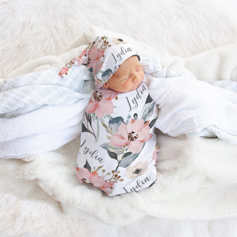 Soft Floral Swaddle Blanket Headband Hat Set / Personalized Etsy