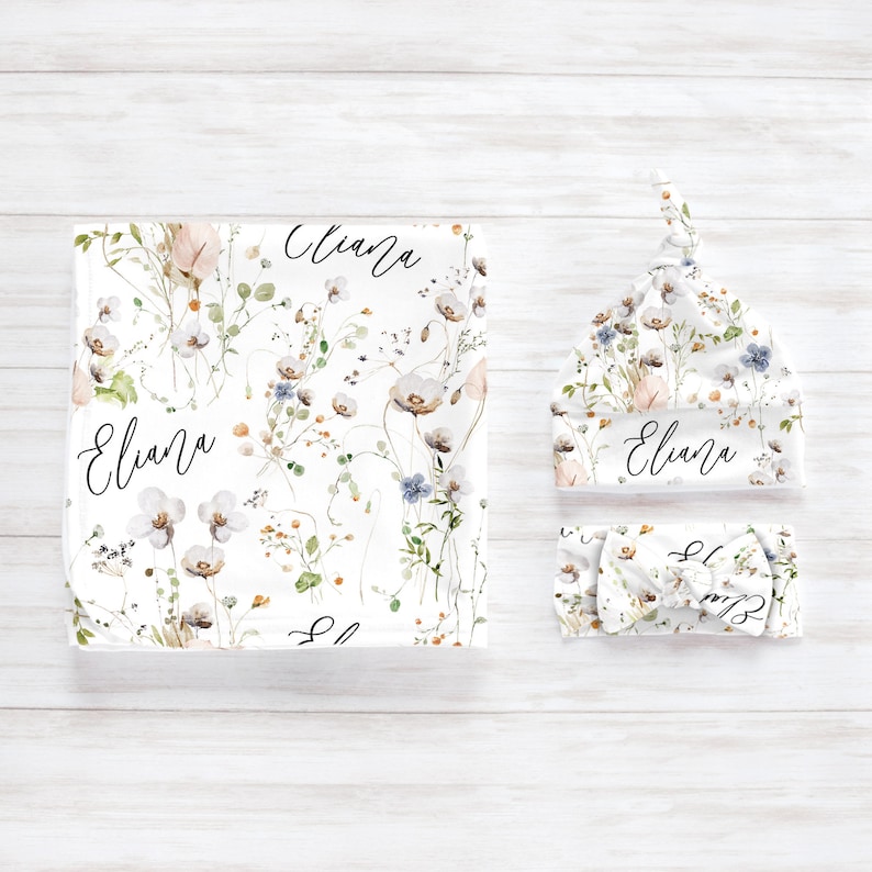 Wildflower Swaddle Blanket Headband Hat Set / Personalized Etsy