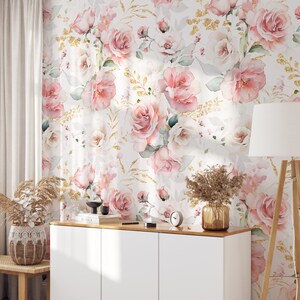 Pink Rose with Gold Accents Floral Wallpaper, Peel and Stick Removable, Baby Girl Toddler Playroom Nursery Wall Art, Large Mural Dainty Chic