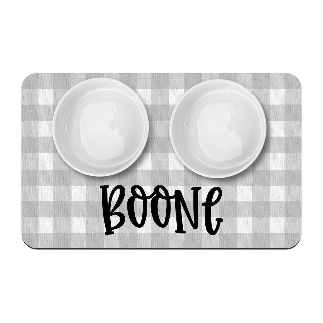 Grey Gingham Personalized Pet Placemat / Custom Dog Bowl Mat / New