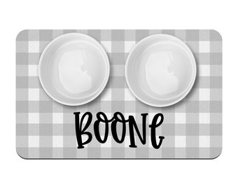 Grey Gingham Personalized Pet Placemat / Custom Dog Bowl Mat / New Puppy Supplies / Farmhouse Style Simple Neutral