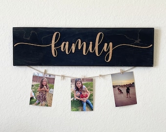 Wood Family Picture Hanging Sign, Photo Display, 2 Layer Baltic Birch, Black and Tan Stain Colors, Twine and Mini Clothespins