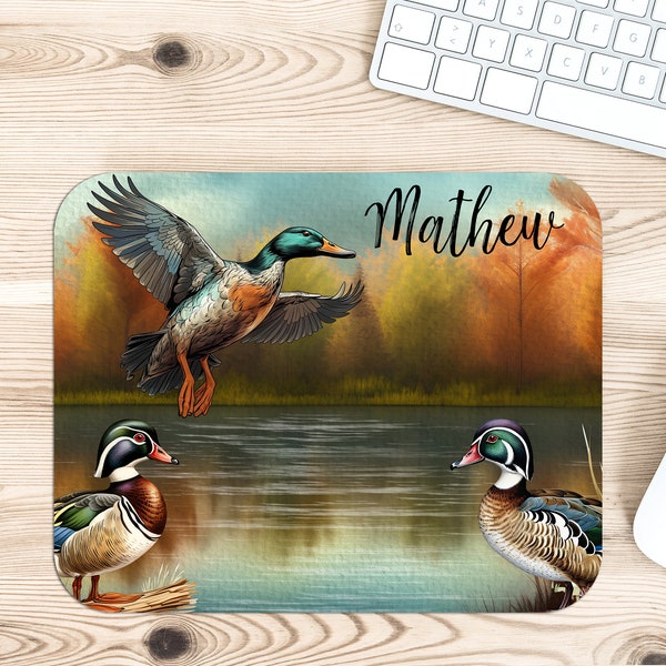 Personalized Mallard Duck Desk Accessories, Mouse Pad, Desk Mat, Wrist Rest, Phone Stand, Coasters, Boy Man Name Christmas Birthday Gift