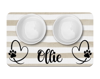 Paw Prints in Heart and Tan Beige Stripe Personalized Pet Mat / Pet Name / Cat Dog Bowl Mat / Pet Supplies / Neutral Farmhouse Style