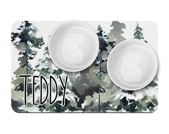 Trees Forest Woodland Mountains Personalized Pet Placemat / Custom Dog Bowl Mat / New Puppy Supplies / Watercolor Landscape Boy Dog