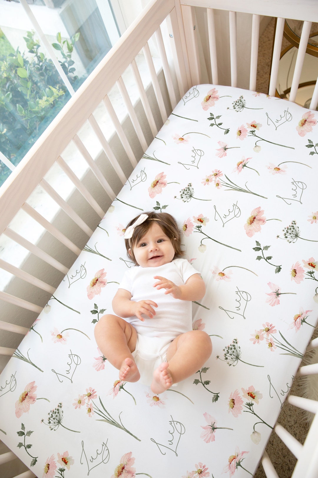 Personalized Pink Daisy Baby Bedding / Crib Sheet / Garden Floral