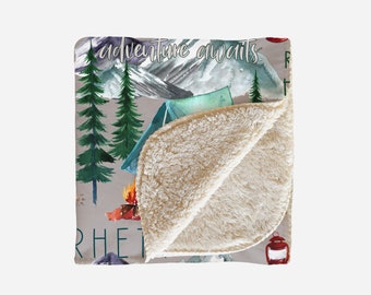 Personalized Camping Mountains Blanket, Minky or Sherpa, Outdoor Woodland Trees Tent Footprints, Boy, Adventure Awaits