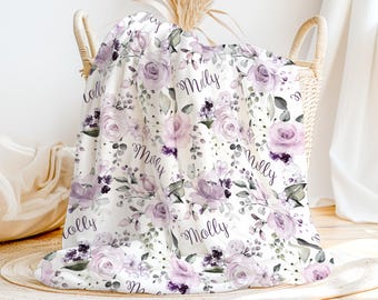 Dusty Purple Rose Baby Gift Set, New Baby Lilac Lavender Nursery Set, Headband Hat Crib Sheet Minky Blanket, Baby Girl Personalized Swaddle