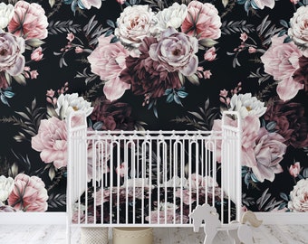 Black Vintage Peony Rose Floral Wallpaper Peel Stick Removable Baby Girl Nursery Decor Large Print Mural Kids Room Black Margot Flower Mauve