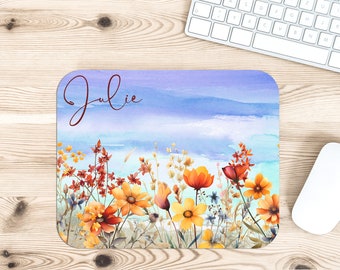 Personalized Wildflowers Desk Accessories, Mouse Pad, Desk Mat, Wrist Rest, Phone Stand, Coaster, Girl Floral Name Christmas Birthday Gift