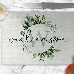 Personalized Farmhouse Greenery Design Glass Cutting Board / Kitchen Decor/Wedding New Home Birthday Christmas Gift/Home Kitchen Collection
