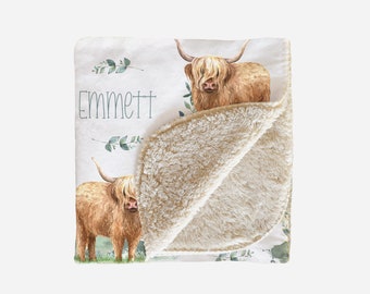 Highland Cow Personalized Baby Boy Blanket, Sherpa or Minky,  Western, Farm Collection