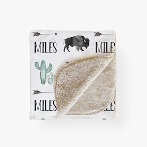 Bison Baby Blanket, Cactus Buffalo Western, Personalized Name, Sherpa, Newborn Infant Tween Teen Boy, Nursery, Birthday, Bison Collection