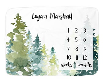 Mountain Forest Boy Milestone Blanket / Personalized Monthly Photos /  Baby Shower Gift / Growth Tracker Chart / Woodland Collection