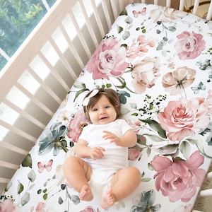 Pink Floral Baby Girl Crib Sheet / Rose Nursery / Pink Rose  / Changing Pad Cover / Mini Crib Sheet Option / Baby Shower Mae || Collection