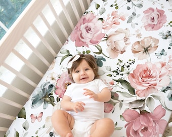 Pink Floral Baby Girl Crib Sheet / Rose Nursery / Pink Rose  / Changing Pad Cover / Mini Crib Sheet Option / Baby Shower Mae || Collection
