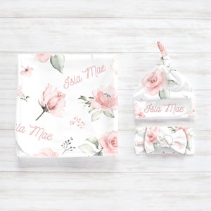 Romantic Boho Floral Swaddle Blanket Headband Hat Set / Personalized Baby Shower Gift / Hospital Newborn Photos Prop / Isla Collection