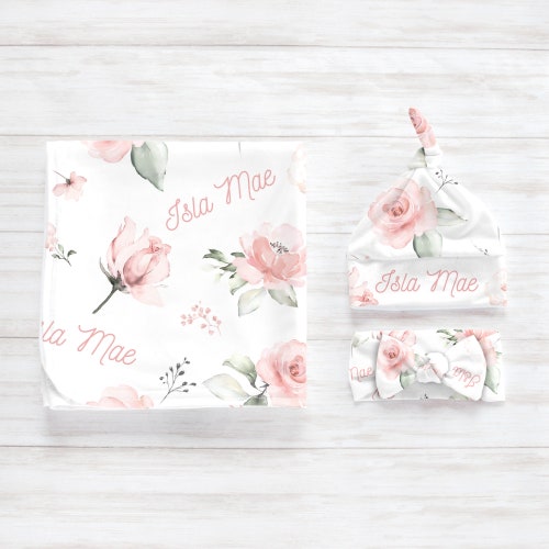 Pink Rose Swaddle Blanket Headband Hat Set / Personalized Baby Etsy