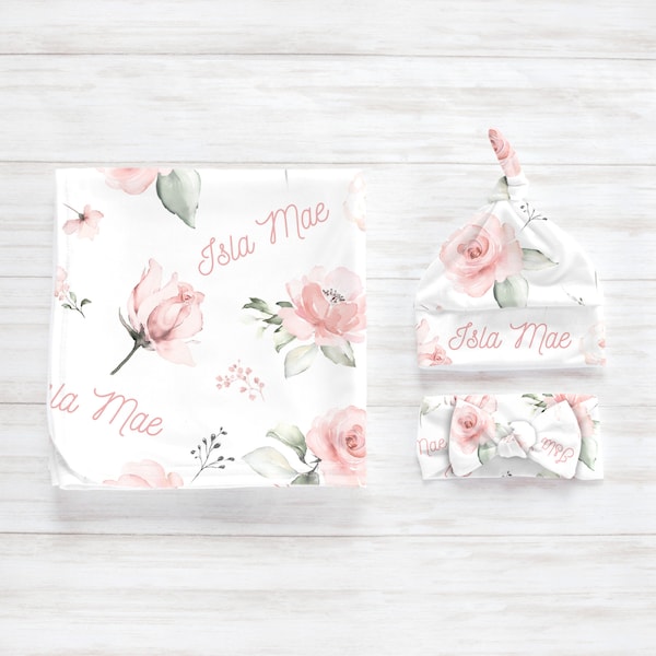 Romantic Boho Floral Swaddle Blanket Headband Hat Set / Personalized Baby Shower Gift / Hospital Newborn Photos Prop / Isla Collection