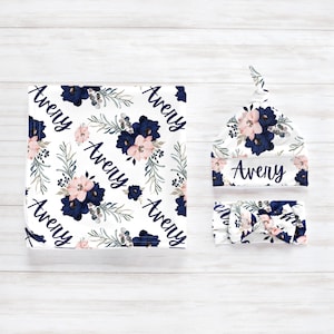 Floral Boho Swaddle Blanket Headband Hat Set / Personalized Baby Shower Gift / Hospital Newborn Photos Prop / Marina Collection
