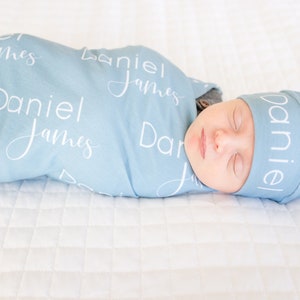 Personalized Baby Swaddle Blanket Set / Newborn Beanie Knotted Hat / Baby Shower Gift / Custom Print Name / Landon Collection image 9