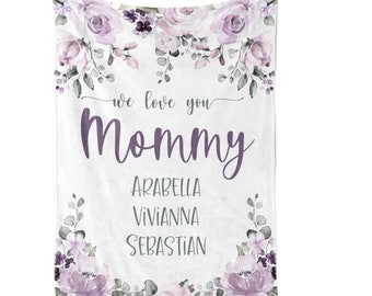 Personalized Mommy Blanket / Purple Lavender Roses / Kids Names / Mom Mother Blanket / Grandma Gift / Gift From Kids / Mothers Day Gift