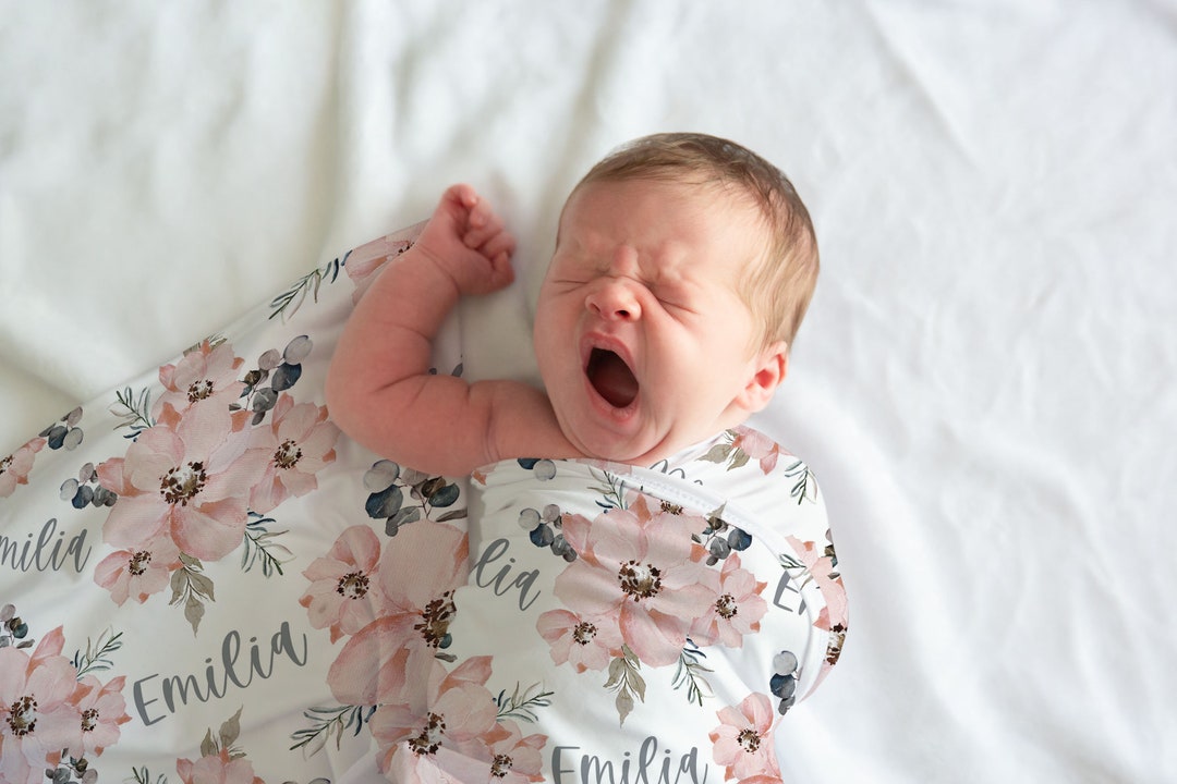 Pink Floral Eucalyptus Swaddle Blanket Headband Hat Set / Personalized