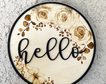 Pretty Front Door Welcome "Hello" Sign, Engraved Roses with 2nd Layer, Floral Wood Hanging Porch Front Door Sign