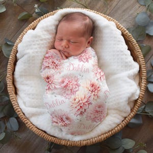 Personalized Dahlia Swaddle, Hat, Headband, Baby Girl, Shower Gift, Pink Flowers and Eucalyptus, Newborn Photos, Keepsake, Dahlia Collection